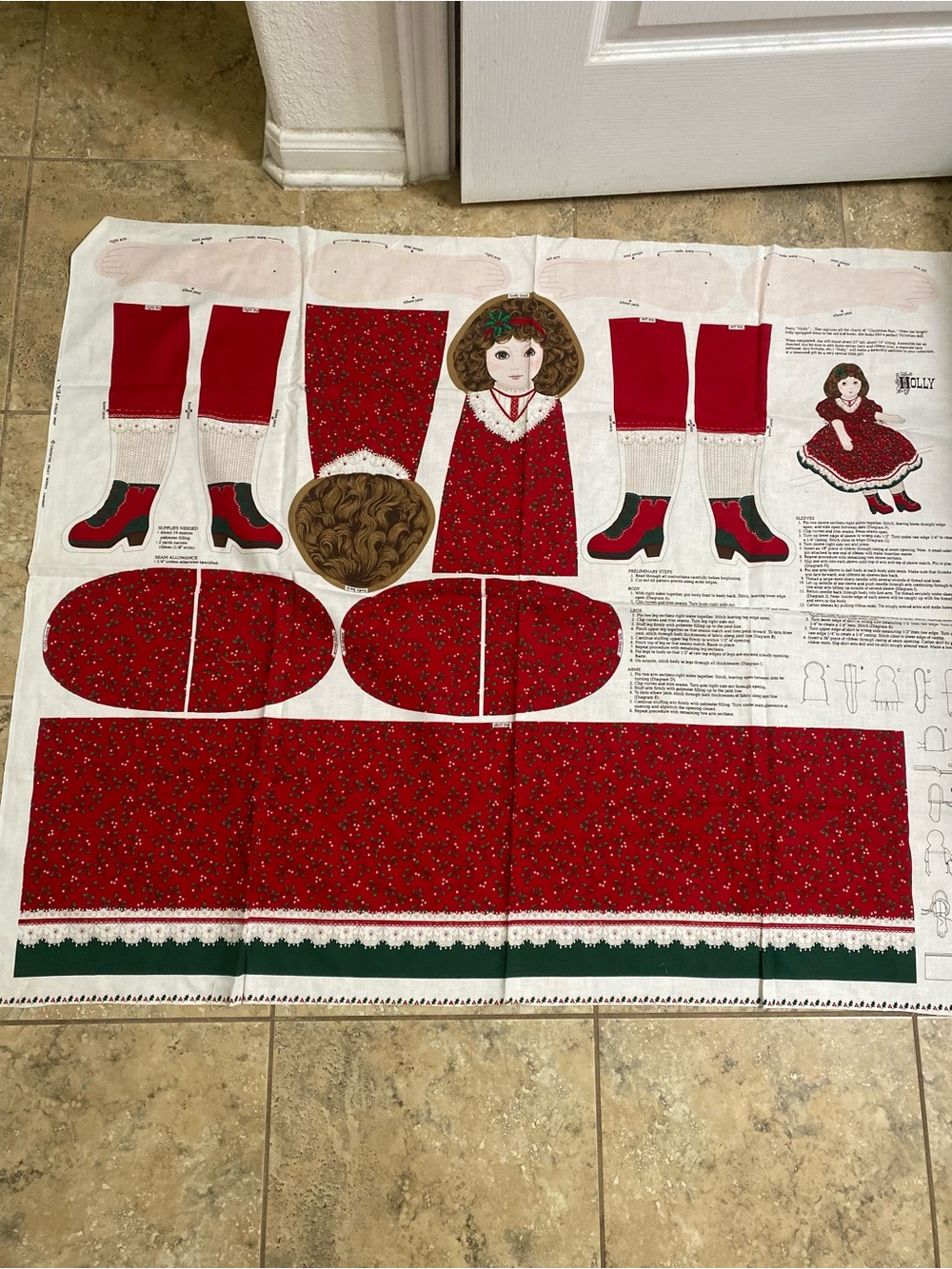 VTG VIP Fabric Cranston Print Works Holly Soft Sculpture Doll Fabric Panel Uncut